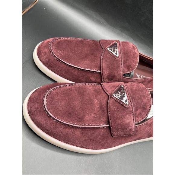 PRADA Suede Slip-On Loafers Logo Dress Shoes Men Prada Shoes Burgundy NWOTB READ main image 4